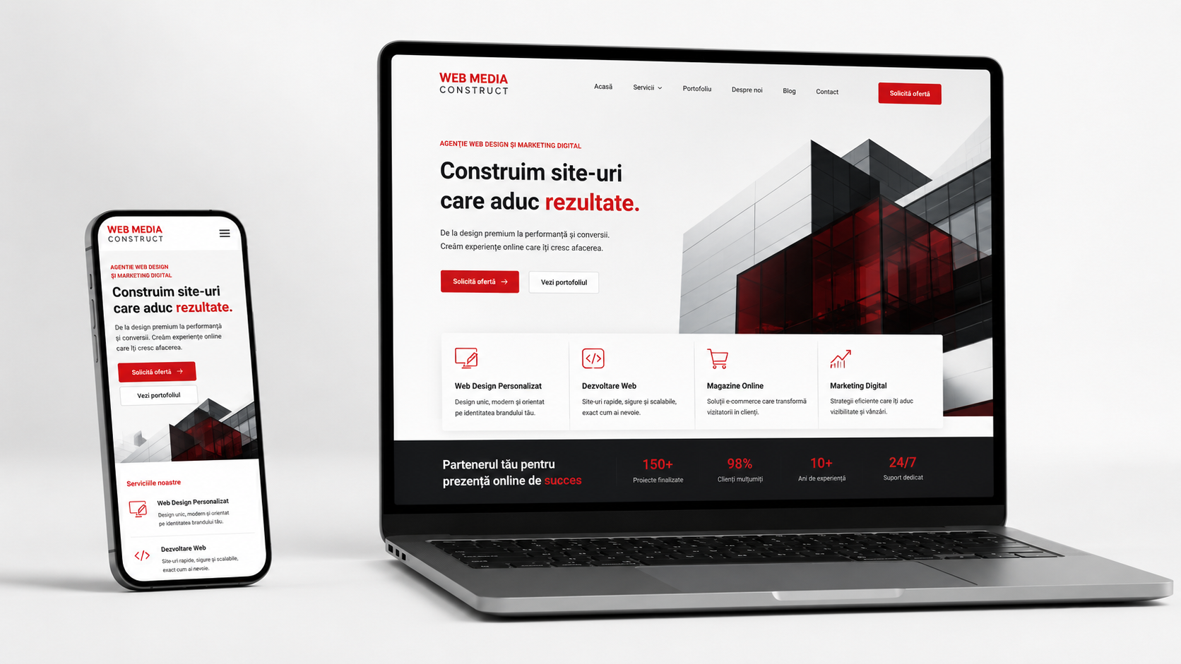 Exemplu de site profesional afișat pe laptop și telefon